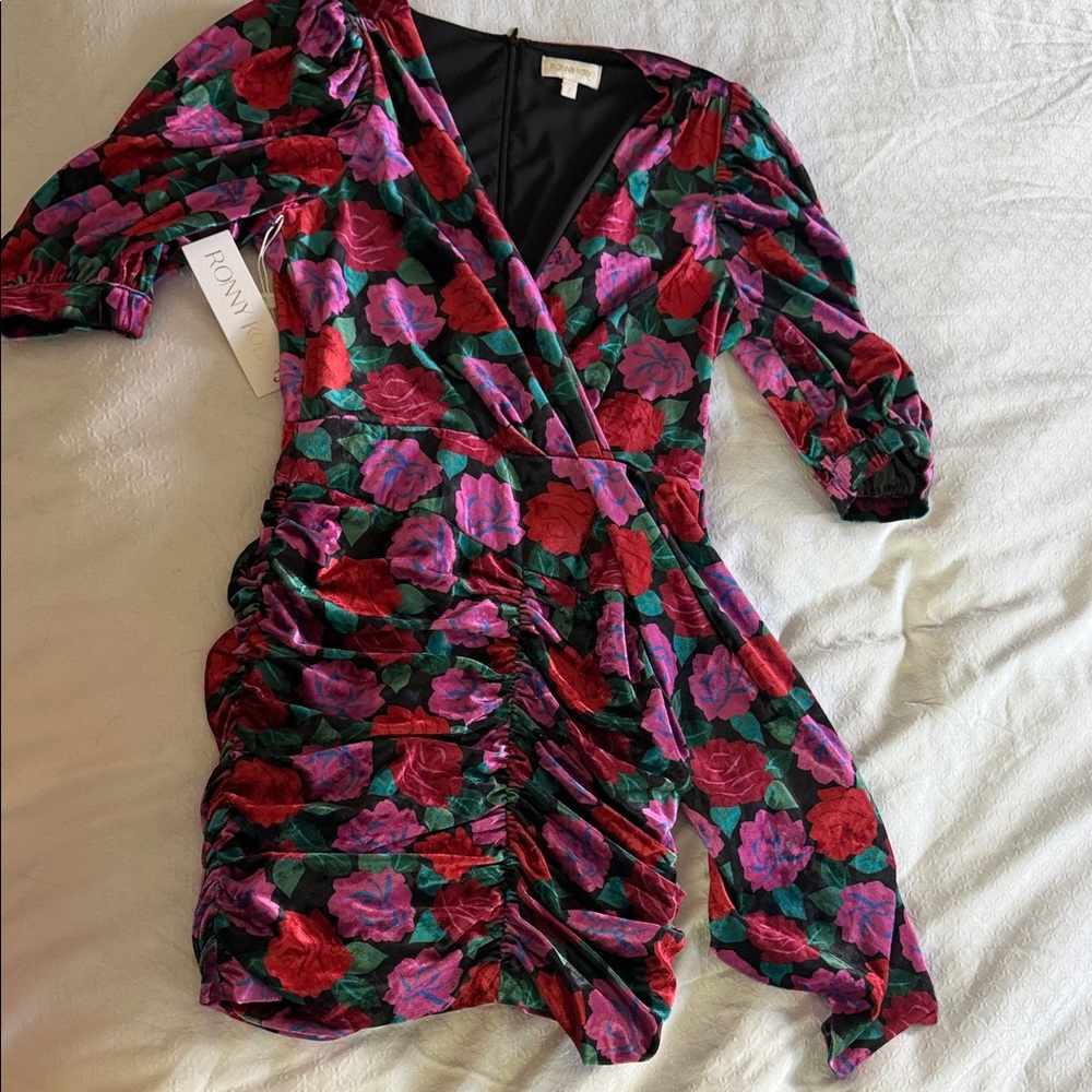 Ronny Kobo Floral Wrap Mini Dress in Red, Purple & Green